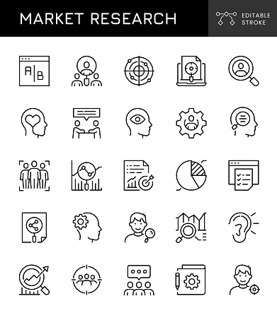 Market Research Editable Stroke Vector Line Icons. 32 Pixel. Pixel Perfect.