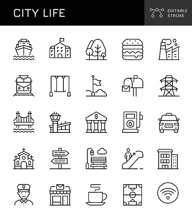 City Life Editable Stroke Vector Line Icons. 32 Pixel. Pixel Perfect.