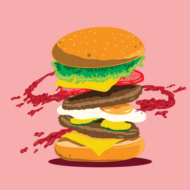 Vector illustration of Hamburger vector illustration. Isolated on a pink background.