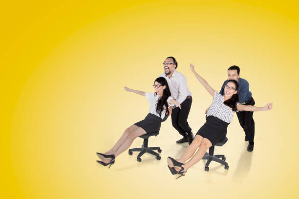 istock Business people ride chairs and compete on studio 1481543165