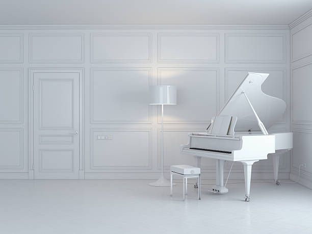 แกรนด์เปียโนในการตกแต่งภายในสีขาว - grand piano ภาพสต็อก ภาพถ่ายและรูปภาพปลอดค่าลิขสิทธิ์