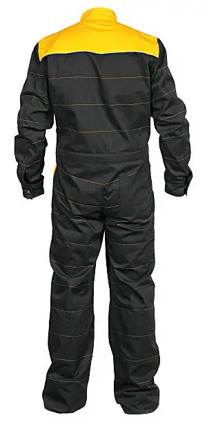 Back side of yellow-black male jumpsuit of mechanic isolated on white background