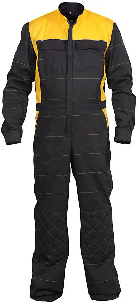 yellow-black male jumpsuit of mechanic isolated on white background