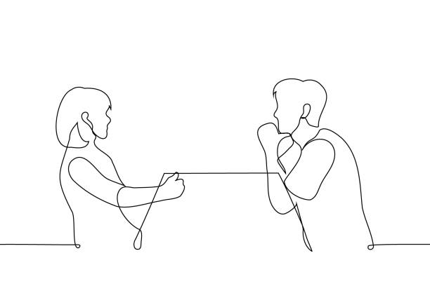 man and woman are sitting at the table opposite each other - one line drawing vector. the concept of a date, conversation, negotiations man and woman are sitting at the table opposite each other - one line drawing vector. the concept of a date, conversation, negotiations blind date stock illustrations