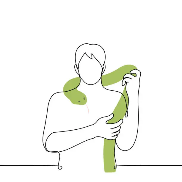 Vector illustration of man is holding a big green snake which is crawling up his neck - one line drawing vector. concept snake charmer, fakir