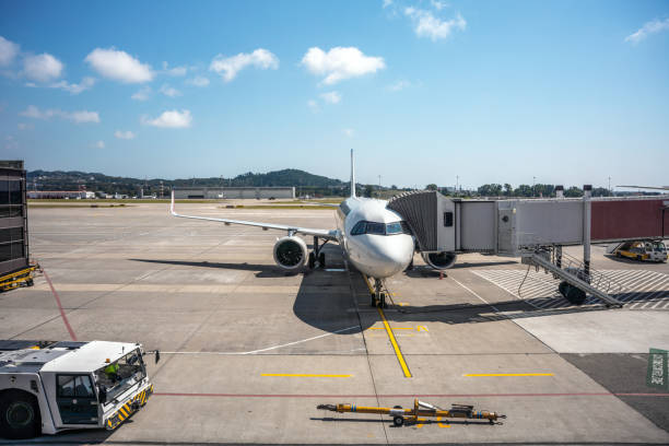 istock Passenger airplane on the airfield docked with a passenger boarding bridge. 1481557438
