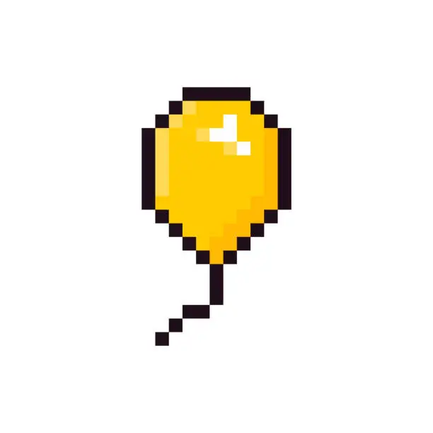 Vector illustration of Vector balloon icon. Pixel art. A balloon icon in a retro pixel art 8 bit arcade video game style. Yellow. Icono globo 8 Bit Arcade videojuego Pixel Art - Ilustración de stock