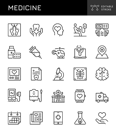 Medicine Editable Stroke Vector Line Icons. 32 Pixel. Pixel Perfect.