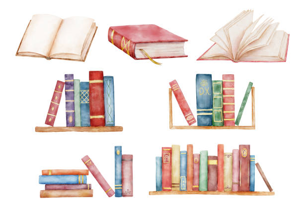 Stack of books. Open book and bookshelf.Hand drawn literature for reading. Watercolor illustrations Stack of books. Open book and bookshelf.Hand drawn literature for reading. Watercolor illustrations set watercolor book stock illustrations
