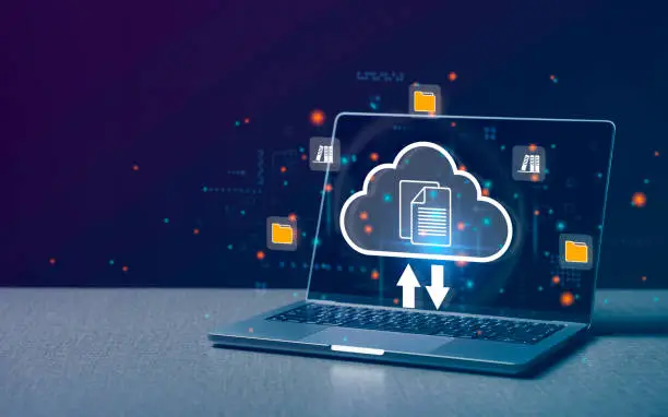 Photo of Computer laptop and dashboard for Data document Management System on cloud online documentation database and digital file storage system or software, records keeping, database technology, file access