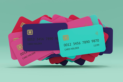 Colored credit cards finance and technology background, 3d render.