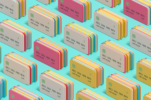 Colored credit cards finance and technology background, 3d render.