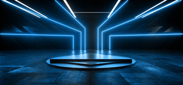 istock Cyber Neon Alien Sci Fi Triangle Circle Stage Product Showcase Laser Electric Vibrant Futuristic Blue Beams Dark Concrete Grunge Basement 3D Rendering 1481571679