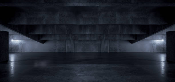 istock Realistic Garage Underground Blue Light Hallway Tunnel Corridor Sci Fi Futuristic Dark Parking Warehouse Cement Concrete Grunge Showroom Car Asphalt Stage 3D Rendering 1481572468