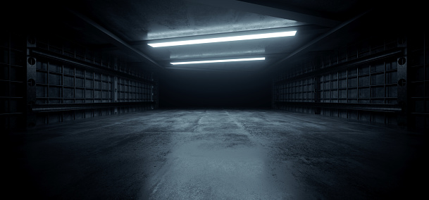 Dark Concrete Led White Lights Underground Tunnel Corridor Cement Asphalt Hallway Warehouse Tunnel Corridor Metal Structure Realistic Empty 3D Rendering Illustration