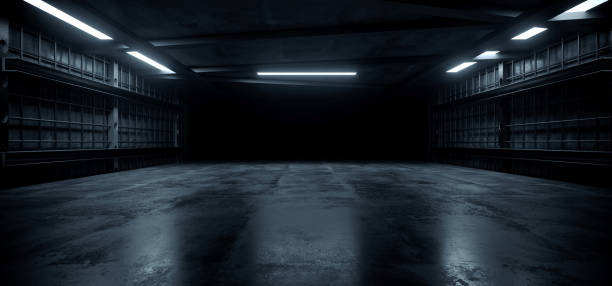 istock Dark Concrete Led White Lights Underground Tunnel Corridor Cement Asphalt Hallway Warehouse Tunnel Corridor Metal Structure Realistic Empty 3D Rendering 1481572611