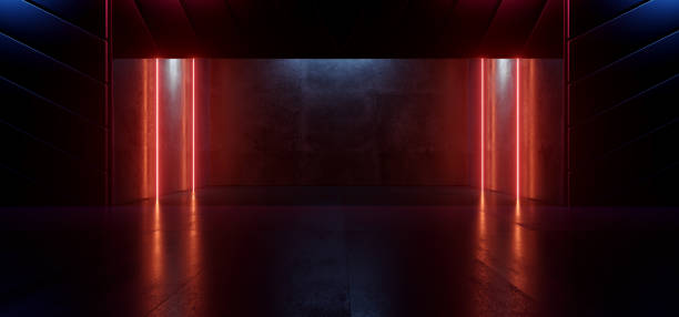 istock Orange Blue Neon Garage Parking Underground Cement Concrete Dark Realistic Background Modern Cyber Car Showroom Hangar Virtual Sci Fi Futuristic 3D Rendering 1481572933