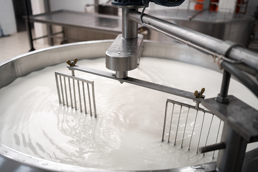Tank full of milk in a cheese factory. Parmesan cheese production in Italy. The concept of modern production of high-quality food concept