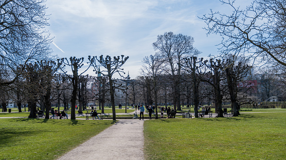 Copenhagen, Denmark - April 10, 2023: Kings Garden in central Copenhagen is a popular public park for tourists and Copenhageners alike