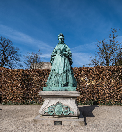 Copenhagen, Denmark - April 10, 2023: Statue of Queen Caroline Amalie (1796-1881) in Kings Garden in central Copenhagen. The status was made by the Danish sculptor Vilhelm Bissen in 1896.