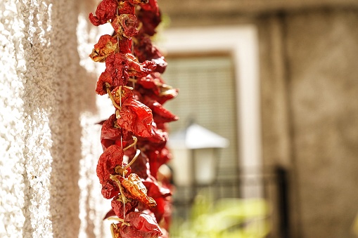 Santa Fe Style: Chili Pepper Ristras Hanging On Adobe Wall