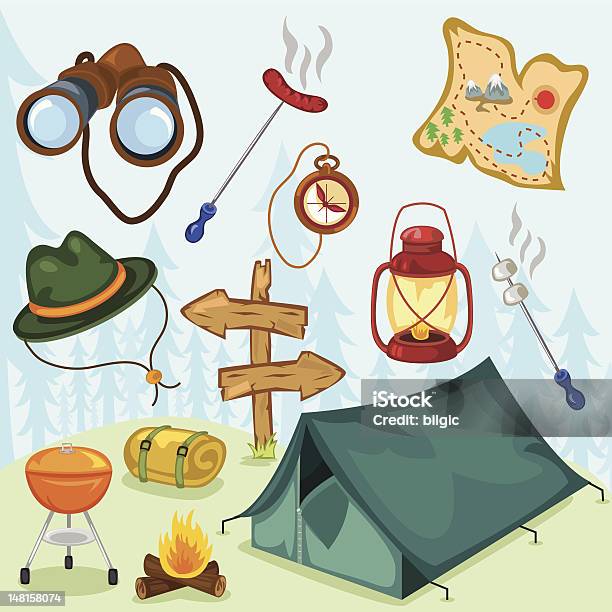 Лагерь Аксессуары — стоковая векторная графика и другие изображения на тему Girl Scout - Girl Scout, Boy Scout, Барбекю