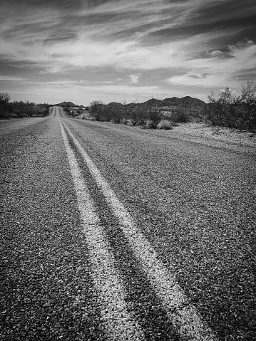 Front view photography from a car driving on an asphalt road with yellow lines through Zion National Park in Utah, USA.