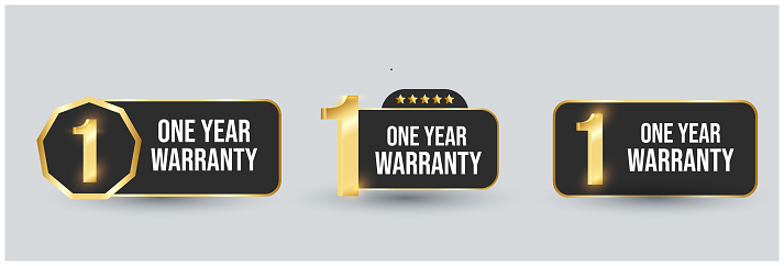 One Year warranty label in golden color. Warranty card stamp or banner for service provider. stars and one year label, tag, stamp. One-year warranty card. Certificate. Warranty tags and stickers in golden color for social media posts and marketing, advertising, and rating. Multiple stickers or tags for warranty card