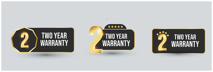 2 year warranty label. Two Years warranty label in golden color. Warranty card stamp or banner for service provider. stars and two year label, tag, stamp. Two-year warranty card. Certificate. Warranty tags and stickers in golden color for social media posts and marketing, advertising, and rating. Multiple stickers or tags for warranty card