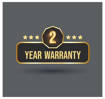 2 year warranty label. Two Years warranty label in golden color. Warranty card stamp or banner for service provider. stars and two year label, tag, stamp. Two year warranty card. Certificate.