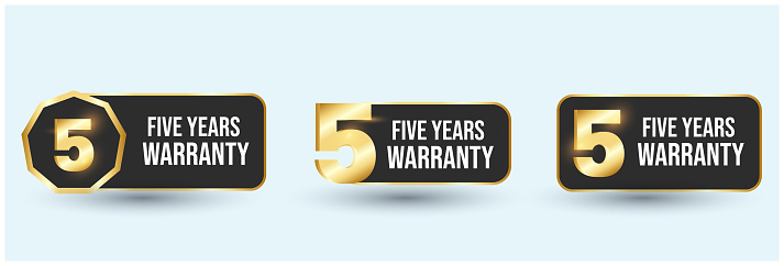5 year warranty label. Five Years warranty label in golden color. Warranty card stamp or banner for service provider. stars and five year label, tag, stamp. Five-year warranty card. Certificate. Warranty tags and stickers in golden color for social media posts and marketing, advertising, and rating. Multiple stickers or tags for warranty card