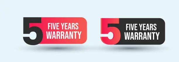 Vector illustration of 5 year warranty label. Five Years warranty label in golden color. Warranty card stamp or banner for service provider. stars and five year label, tag, stamp. Five-year warranty card. Certificate. Warranty tags and stickers in black and red color