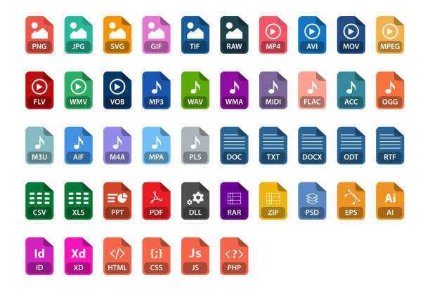 ilustrações de stock, clip art, desenhos animados e ícones de file format icon set, file format collection. - ficheiro