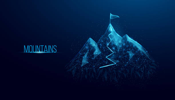 istock Mountains with flag on the top. Mountain path. Success business startup, innovation, growth, travel, freedom concept. Polygonal wireframe vector illustration 1481584769