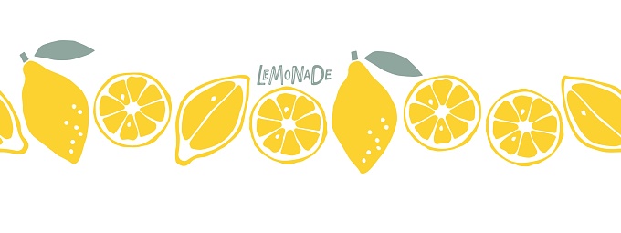 Seamless lemon border. Citrus fruits pattern on white background. Flat vector repeated isolated illustration For cafe menu, pack design, print design, poster, web banner. Seamless horizontal pattern