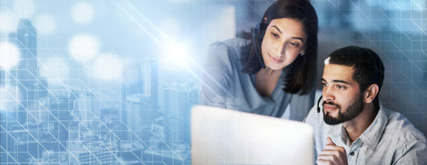 istock Team work, crm or manager with a consultant in a call center helping, talking or networking online. Overlay, woman or insurance agent in communication at customer services or sales technical support 1481586374