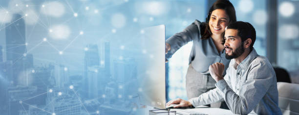 Coaching, overlay or manager with a consultant in a call center helping, talking or networking online. Graphic hologram, woman or insurance agent in communication at customer services or crm sales