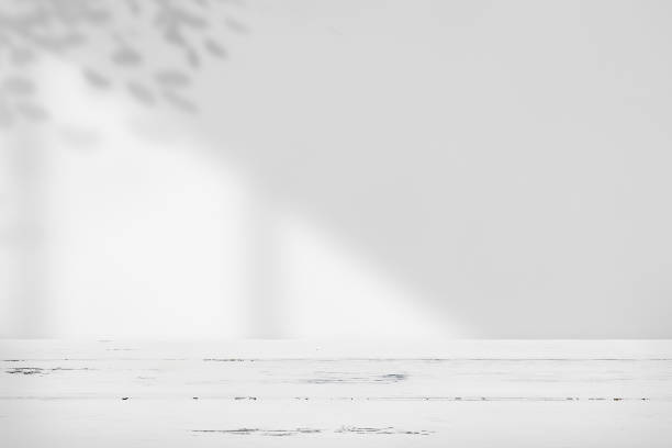 "una habitación con una mesa blanca sólida y la luz del sol entrando por la ventana, proyectando sombras de hojas. material de fondo simple - foliate pattern fotos fotografías e imágenes de stock