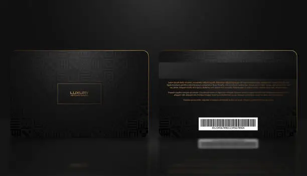 Vector illustration of Vector template of membership or loyalty black gold VIP card with luxury geometric ethno mexican pattern. Card design presentation. Premium member, gift plastic card, folk maya background