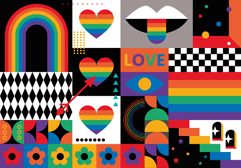 Rainbow background with hearts. LGBT+ Pride design. Rainbow community pride month. Love, freedom, support, peace. Poster with LGBT rainbow flag, heart and love. Colorful social media post template
