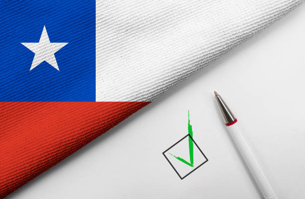 Small Chilean flag  on a metal pole. The flag has nicely detailed textile texture. Isolated on white background. 3D rendering.