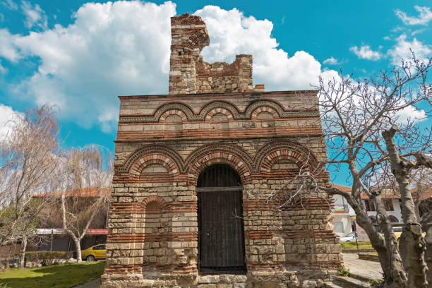 Old brick Pantocrator Church in Nessebar, Bulgaria
