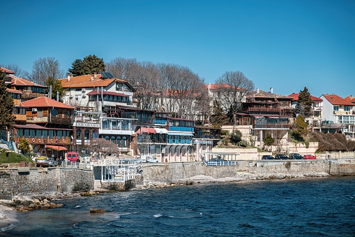 Blick Auf Die Altstadt Von Nessebar Alte Stein Und Holzhäuser Am Strand