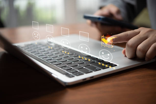 istock Five Star Customer Service Concept for Satisfaction.Businessman holding mobile smartphone for quality feedback related projects, marketing materials, and branding 1481591314