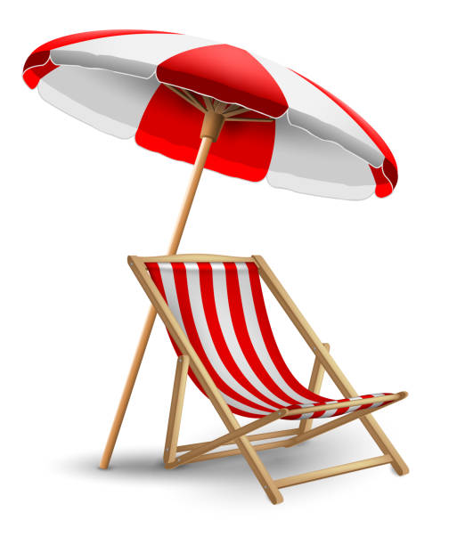 White and red striped sun lounger and beach umbrella. Highly realistic illustration. White and red striped sun lounger and beach umbrella on a white background. Highly realistic illustration. red beach chairs stock illustrations