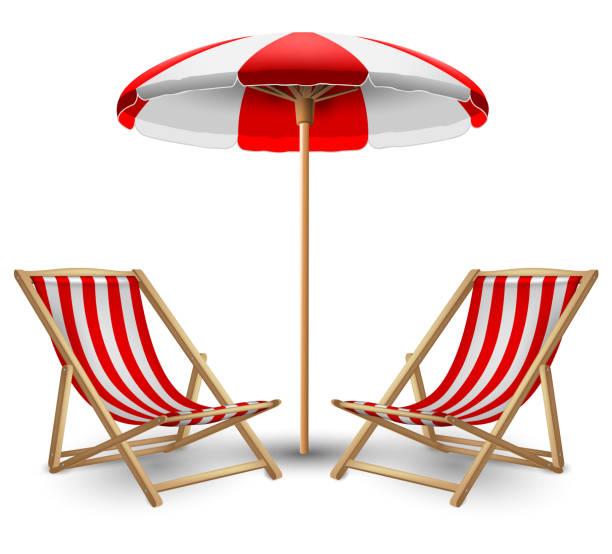 Two white and red striped sun lounger and beach umbrella. Highly realistic illustration. Two white and red striped sun lounger and beach umbrella on a white background. Highly realistic illustration. red beach chairs stock illustrations