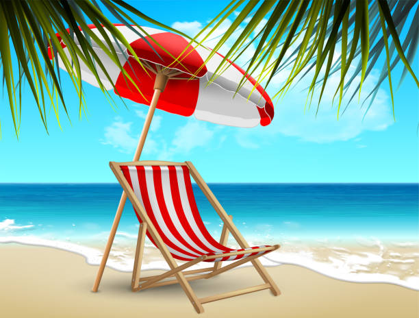 Summer landscape. Red and white striped deck chair and beach umbrella on the seashore, under a palm tree. Highly realistic illustration. Summer landscape. A red and white striped sun lounger and a beach umbrella on the shore, at the edge of the surf. Highly realistic illustration. red beach chairs stock illustrations