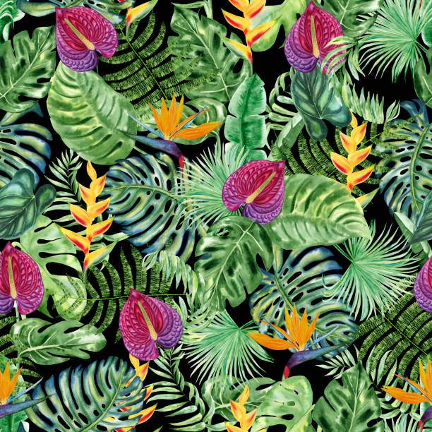 istock Tropical leaves and flowers watercolor seamless pattern. Exotic jungle plants endless background for wallpaper and fabric. Hawaiian hand drawn backdrop style. 1481592458