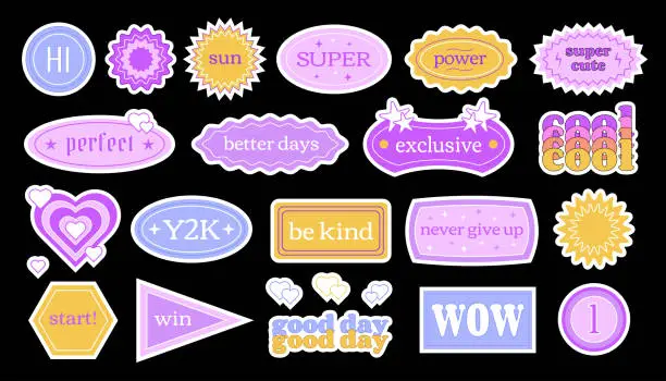 Vector illustration of Y2K retro labels with short phrases and motivations, sticker pack, vector collection of tags and stickers in retro style.