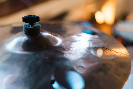 Close up of cymbal at the music recording studio